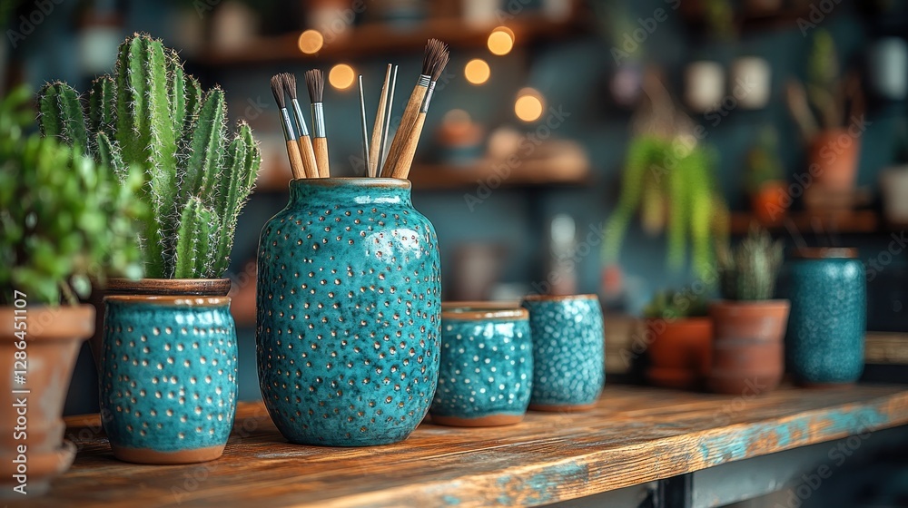 Artisan pottery display, plants, studio Artisan pottery display, plants, studio