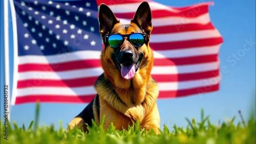 Patriotic german shepherd with sunglasses against the u.s. flag in sunny outdoors