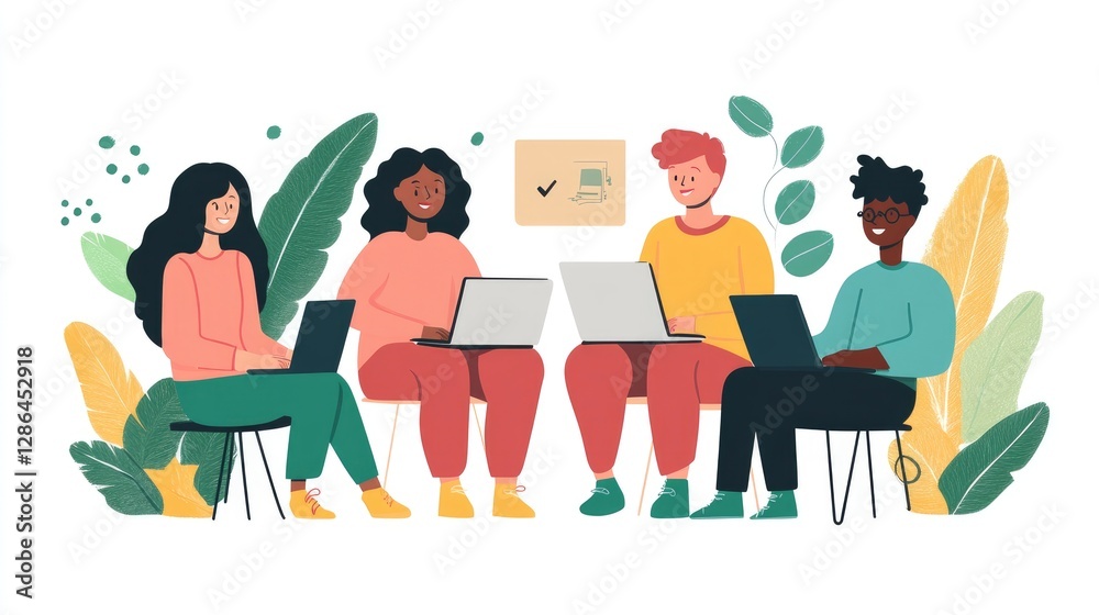 A diverse group of four individuals collaborating on laptops in a bright, leafy workspace A diverse group of four individuals collaborating on laptops in a bright, leafy workspace