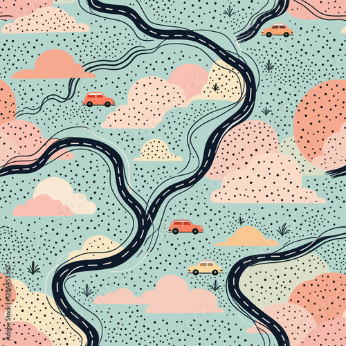 a winding road with two cars, one orange and one white, traveling through a landscape with pink and orange clouds, green hills, and scattered black dots.