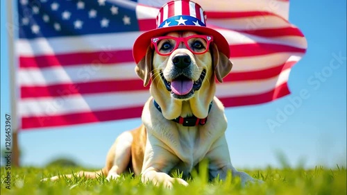 Patriotic dog in flag hat relaxing on grass under waving american flag