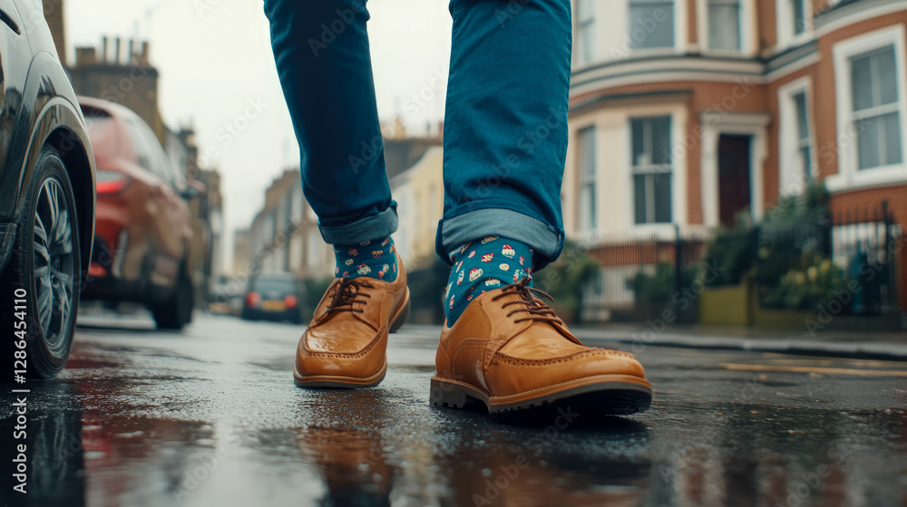 Step into Style: Leather Shoes on a Wet Urban Street Step into Style: Leather Shoes on a Wet Urban Street