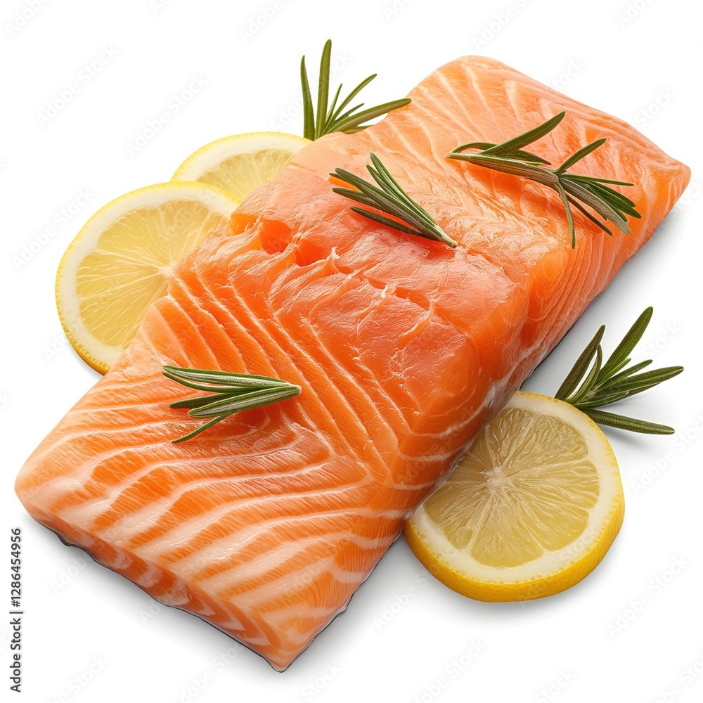 Fresh salmon fillet garnished with rosemary and lemon slices.