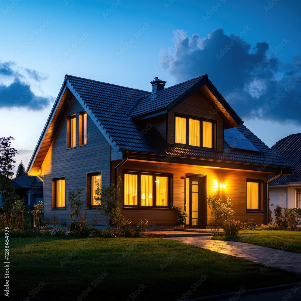 Charming Modern House with Warm Lighting Surrounded by Lush Garden at Night Charming Modern House with Warm Lighting Surrounded by Lush Garden at Night