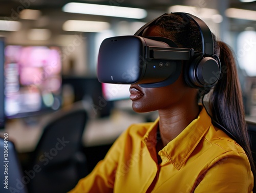 Woman Engaged in Virtual Reality Experience with Headset in Modern Office Environment