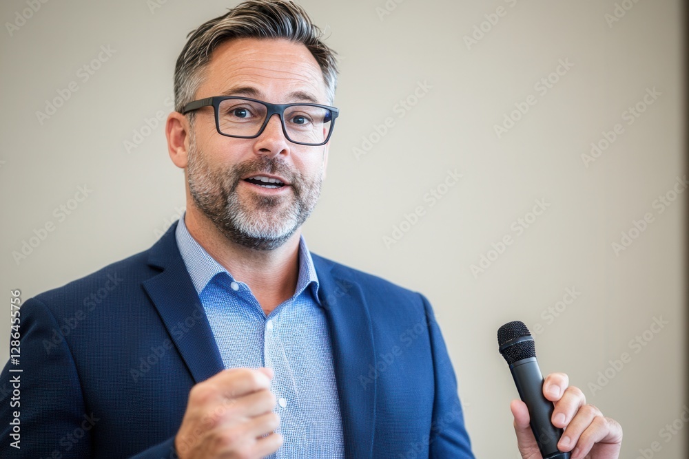 Middle Aged Man Giving Presentation, Blue Blazer, Light Beige BackgroundsDescription A middle aged