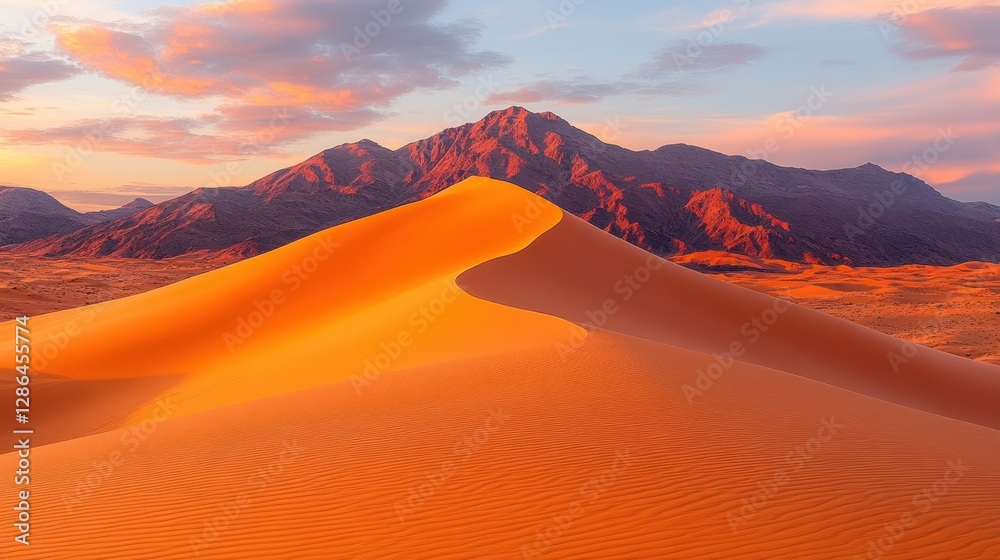 Naklejka premium Giraffes roam gracefully in a vast desert landscape, with a majestic mountain looming in the background under a clear blue sky.