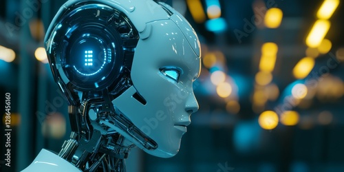 3D render of an AI robot head in profile, looking at the camera, wearing white and blue futuristic , with a blurred dark cyan room with lights in the background.