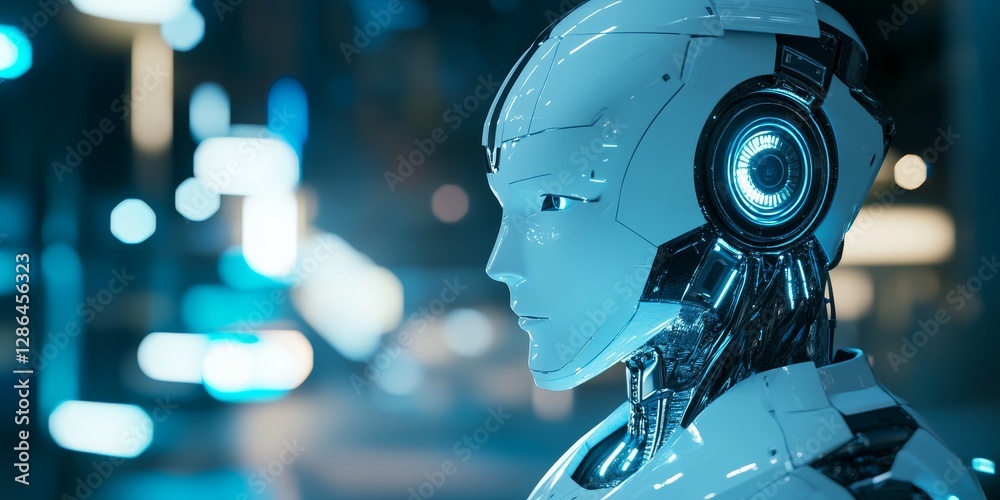 Fototapeta premium 3D render of an AI robot head in profile, looking at the camera, wearing white and blue futuristic , with a blurred dark cyan room with lights in the background.