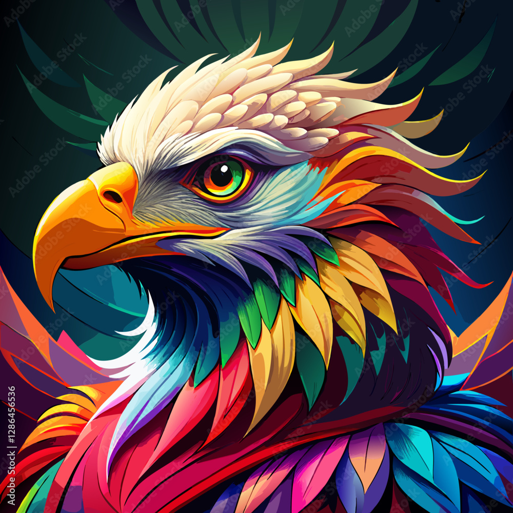 Fototapeta premium Vibrant Eagle Portrait – Psychedelic Feathers, Rainbow Hues, and Fierce Yellow Eye in Abstract Fantasy Art