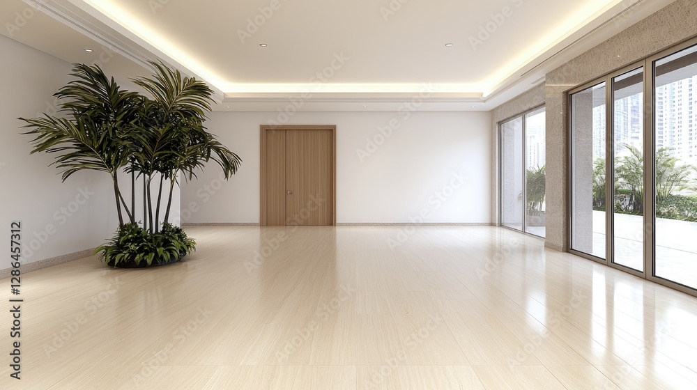 Obraz premium Empty modern apartment living room with large window and city view