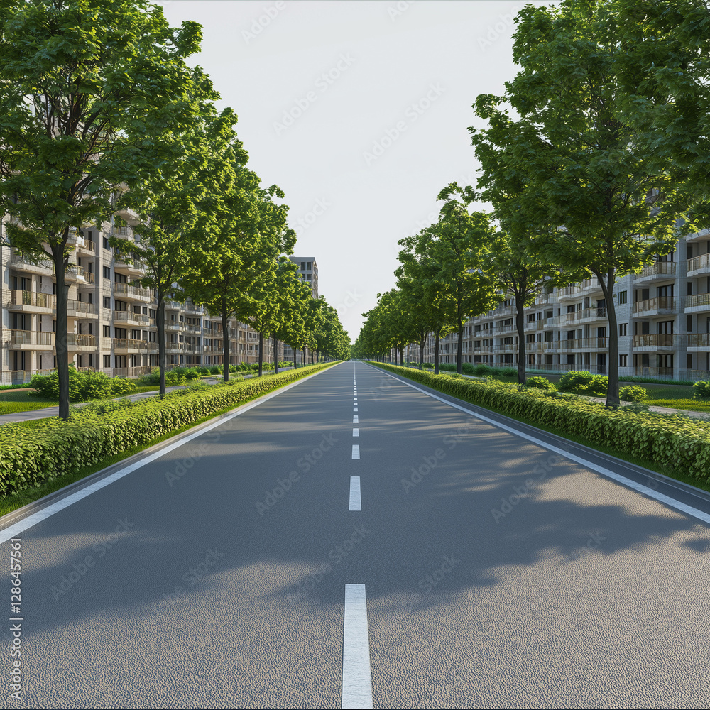 3D Rendered Wide Asphalt Road Between Modern Apartments with Green Trees PNG 3D Rendered Wide Asphalt Road Between Modern Apartments with Green Trees PNG