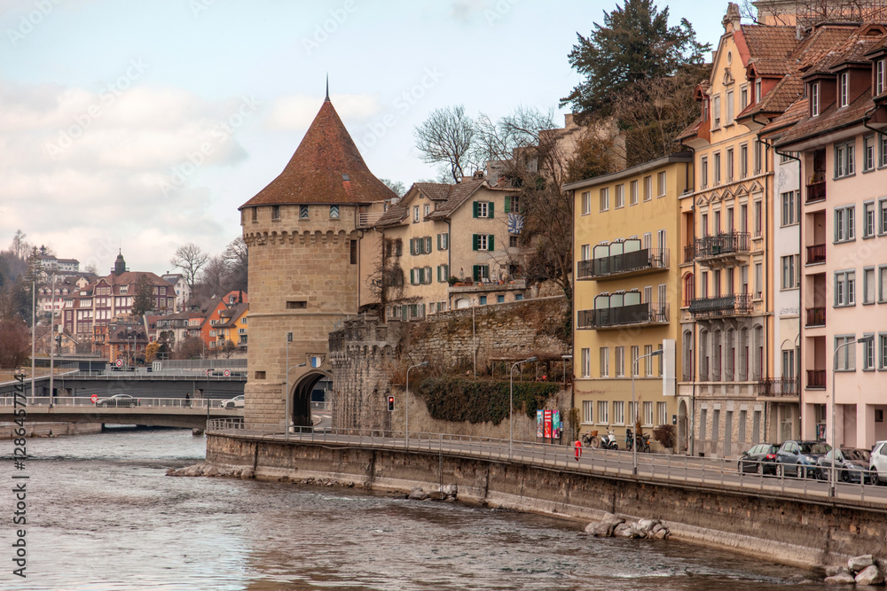 Naklejka premium Switzerland, Lucerne. Historical and modern architecture along the Reuss River