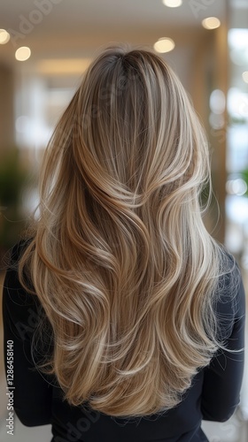 Glossy Long Hair Styled in Soft Waves With a Blurred Background at a Salon. Generative AI