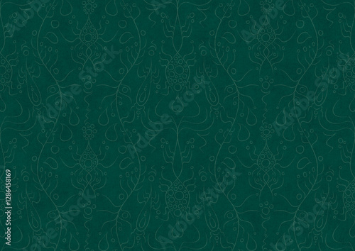 Wallpaper Mural Hand-drawn unique abstract symmetrical seamless ornament. Bright semi transparent green on a deep cold green background. Paper texture. Digital artwork, A4. (pattern: p13-1b) Torontodigital.ca