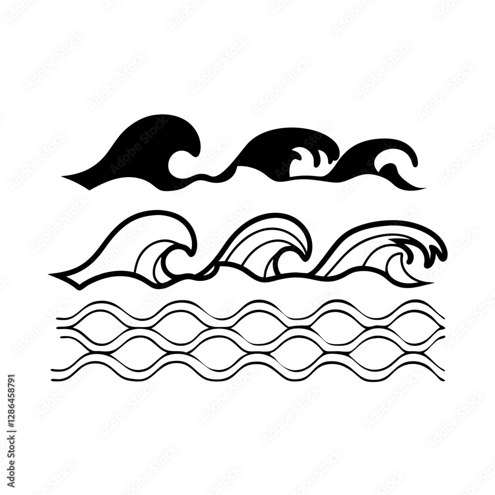 Stylized black and white wave illustrations in three different artistic designs. Minimalist ocean-inspired line art, ideal for logos, tattoos, and patterns. Stylized black and white wave illustrations in three different artistic designs. Minimalist ocean-inspired line art, ideal for logos, tattoos, and patterns.