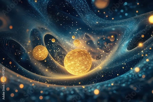 golden fractal patterns weaving through a midnight blue abyss glowing orbs hovering in a threedimensional void blending opulence with cosmic mystery in an abstract render photo