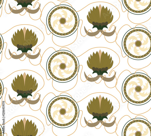 Vector seamless pattern of geometric elements and stylized plant shapes, similar to ancient Byzantine patterns.