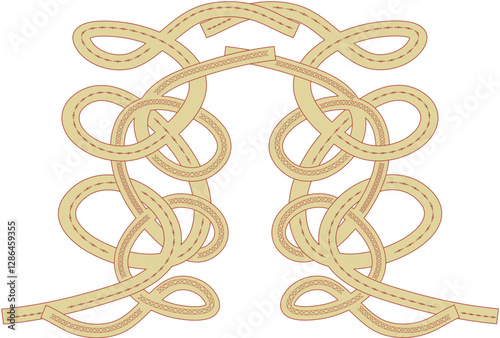 Intertwined wide shapes of a yellowish tone and author's patterned tassels on them.