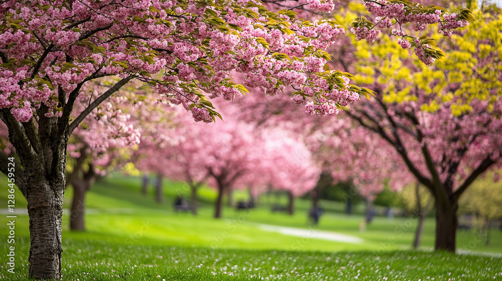 Naklejka premium Spring blossoms in a lush park. Cherry trees in full bloom create a pink canopy, offering a beautiful view of nature's vibrant colors.