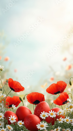 Richly dyed crimson Easter eggs rest on a fresh green meadow, creating a high-contrast vibrant banner. This cheerful imagery highlights the celebration of spring and the Easter holiday.