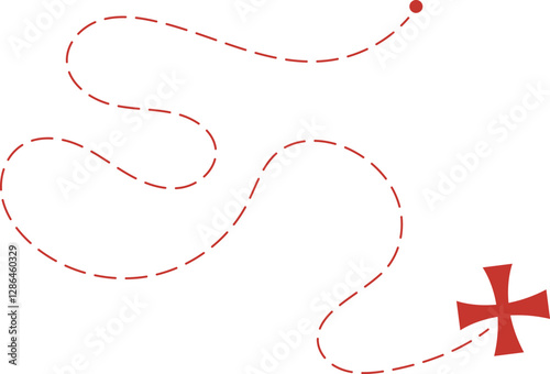 Treasure map element. A reddashed line and red X mark ink on the map, the treasure map with a dotted line, X marks the spot, dashed line to an X	
