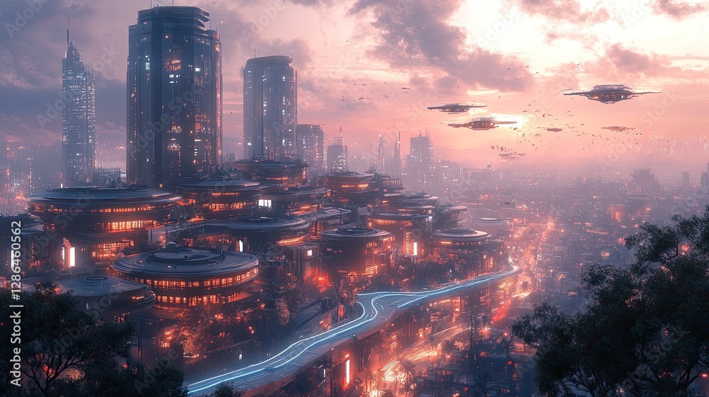 Fototapeta premium Futuristic Cityscape Sunset Digital Art Sci Fi Artwork