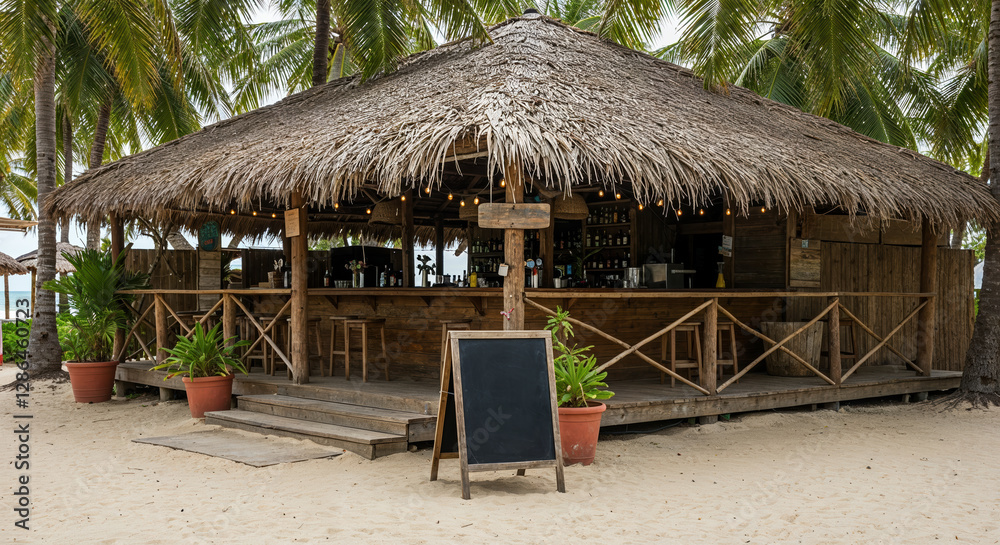Tropical beach bar with palm thatched roof and wooden structure, with blank chalkboard sign with copy space Tropical beach bar with palm thatched roof and wooden structure, with blank chalkboard sign with copy space