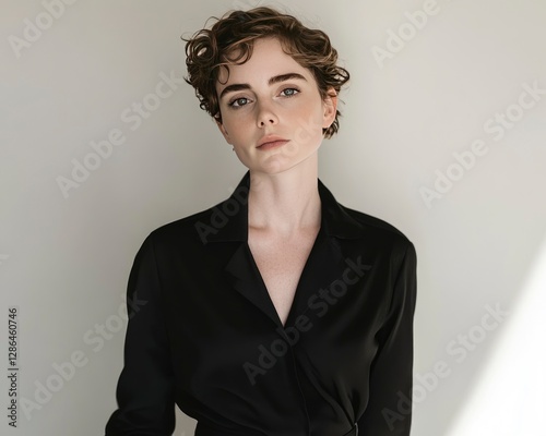 A poised individual in a sleek black outfit stands against a minimalist light background