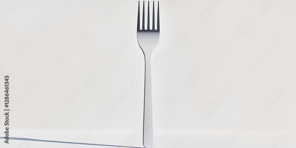 Fork standing upright on a smooth surface casting a shadow in a minimalist setting Fork standing upright on a smooth surface casting a shadow in a minimalist setting