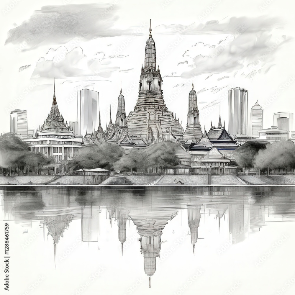 Obraz premium an AI Image Generator, Intricate Drawing of Traditional Temples Amid a Modern Cityscape