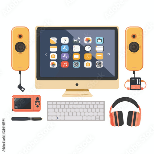 gadget, device, technology, background, modern, digital, vector, 3d, illustration, phone, electronic, mobile, headphones, wireless, equipment, headphone, headset, computer, design, object, hardware, s