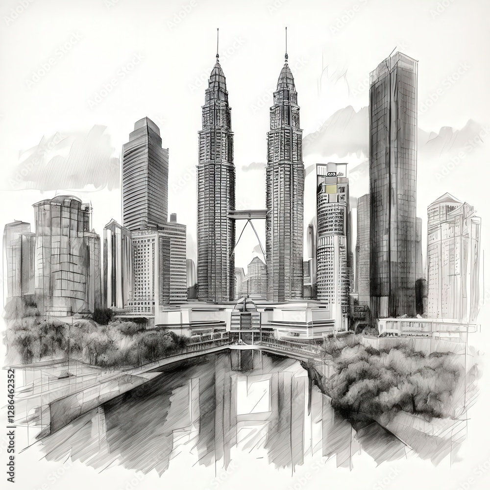 Fototapeta premium an AI Image Generator, Black and White Drawing of Modern Cityscape