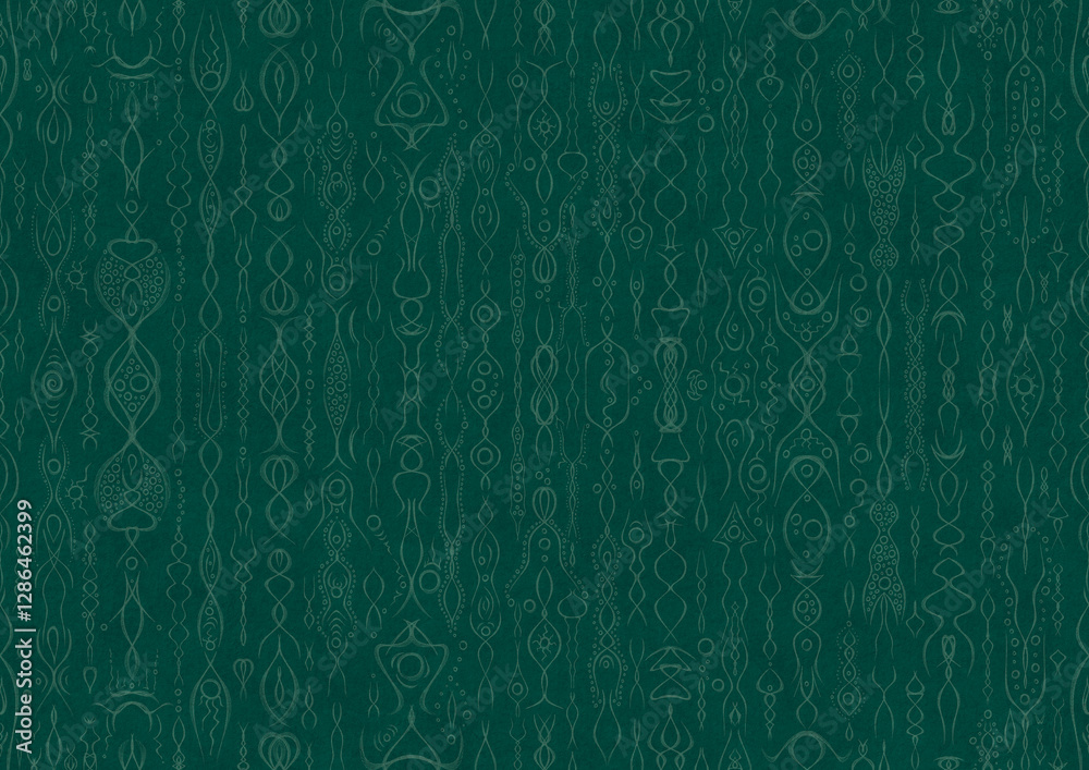 custom made wallpaper toronto digitalHand-drawn unique abstract symmetrical seamless ornament. Bright semi transparent green on a deep cold green background. Paper texture. Digital artwork, A4. (pattern: p14a)
