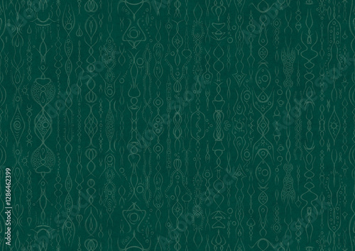 Wallpaper Mural Hand-drawn unique abstract symmetrical seamless ornament. Bright semi transparent green on a deep cold green background. Paper texture. Digital artwork, A4. (pattern: p14a) Torontodigital.ca