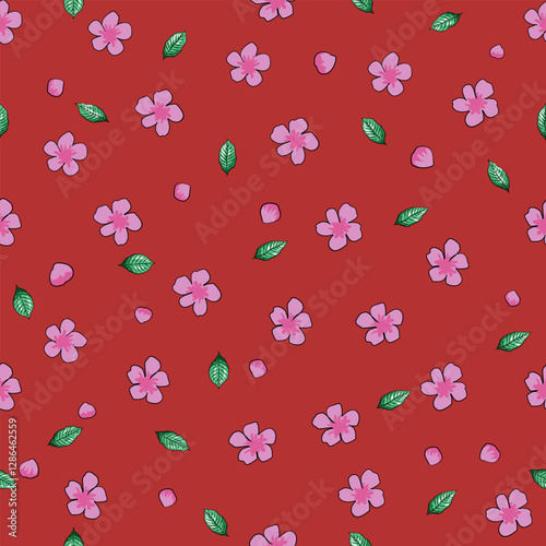A vibrant red background decorated with scattered pink flowers and green leaves, creating a cheerful and lively floral pattern.
