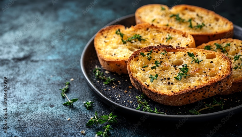 Slices of garlic bread with black pepper and thyme on a plate over a dark background, close-up view. Space for text or product presentation. Slices of garlic bread with black pepper and thyme on a plate over a dark background, close-up view. Space for text or product presentation.