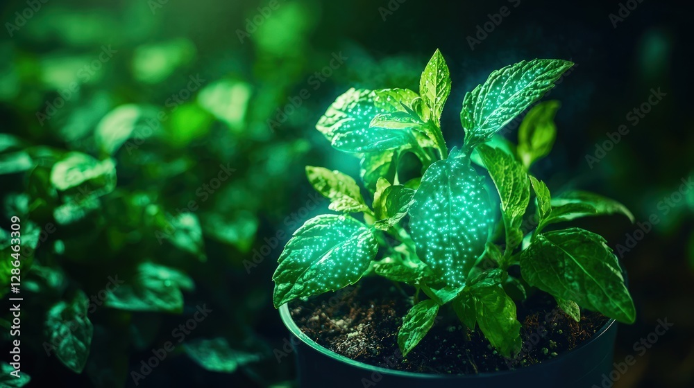 Lush Green Plant with Illuminated Leaves Captured in a Potted Container Lush Green Plant with Illuminated Leaves Captured in a Potted Container
