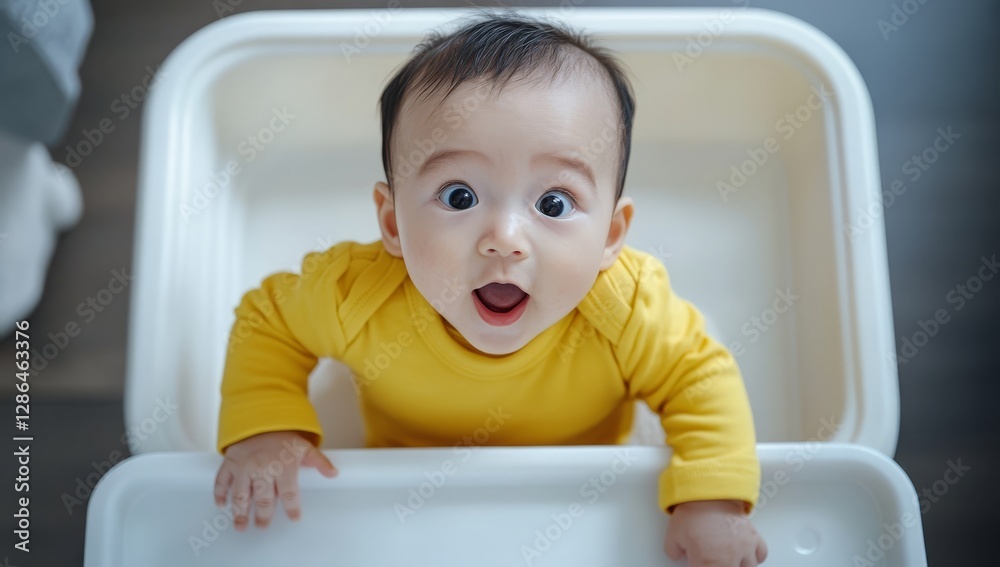An Asian baby boy wearing yellow is sitting on a high chair, looking up at the camera with big eyes and an open mouth. The white rectangular tray below him has no objects on it, captured in natural li An Asian baby boy wearing yellow is sitting on a high chair, looking up at the camera with big eyes and an open mouth. The white rectangular tray below him has no objects on it, captured in natural li