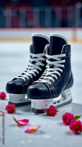 A pair of ice hockey skates on the rink surface, surrounded by delicate pink flower petals, blurred outlines of stadium seating in the background