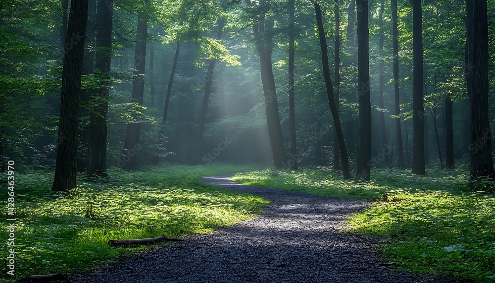 Fototapeta premium Sunlit Path in Misty Forest