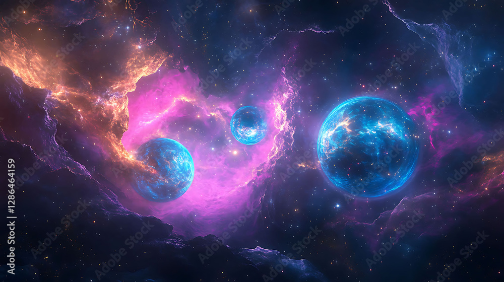 Obraz premium Mesmerizing Cosmic Nebula with Electric Blue and Pink Swirls Dancing Through Deep Space Celestial Landscape