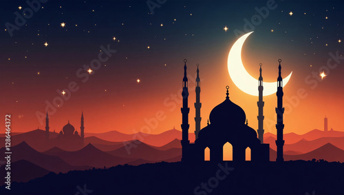 Ramadan Night Scene with Mosques and Crescent Moon