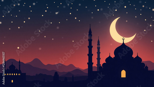 Ramadan Night Scene with Mosques and Crescent Moon