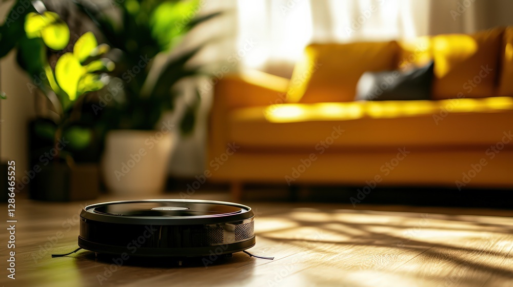Fototapeta premium Robot Vacuum Cleaner on Wooden Floor in Bright Living Room with Cozy Yellow Sofa and Indoor Plants