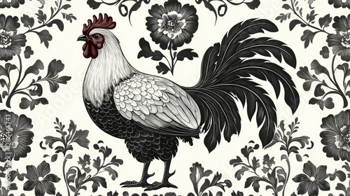 Wallpaper Mural Elegant Rooster and Floral Damask Pattern Wallpaper Torontodigital.ca