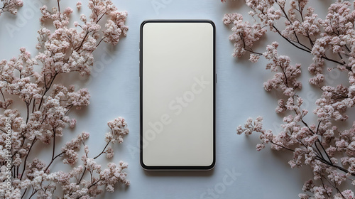 Photo - Smartphone Mockup with Delicate Pink Flowers on Light Blue Background