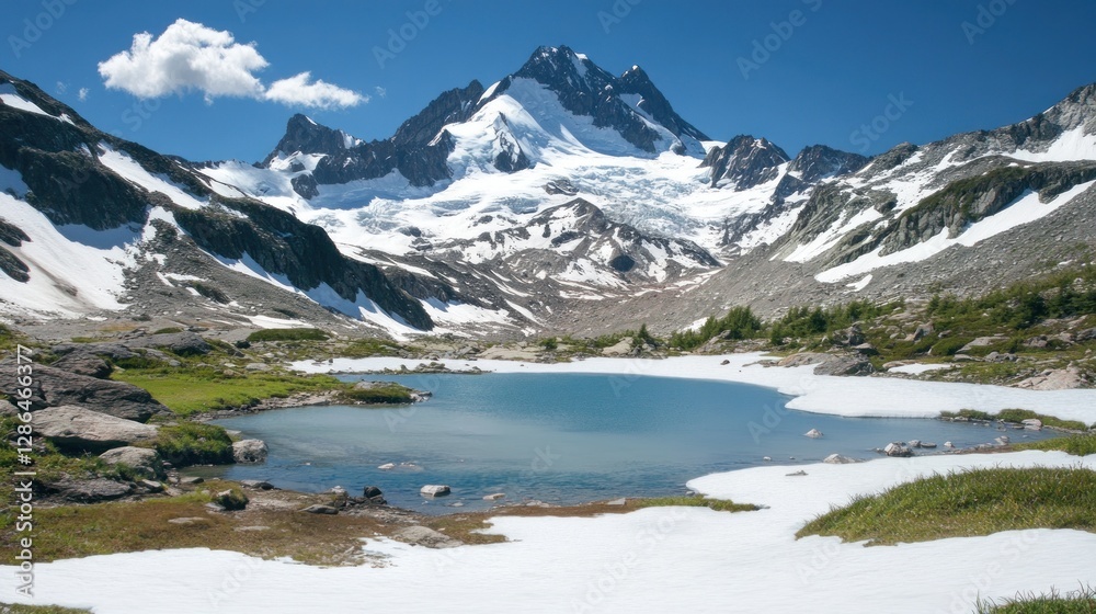 Fototapeta premium Alpine lake nestled in a snow-capped mountain range under a blue sky.