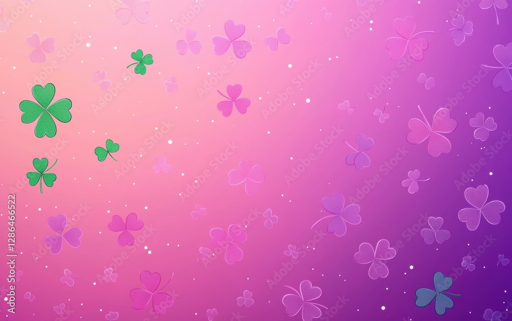 Minimalistic background with shamrock pattern Saint Patricks Day on gradient pink-purple Minimalistic background with shamrock pattern Saint Patricks Day on gradient pink-purple