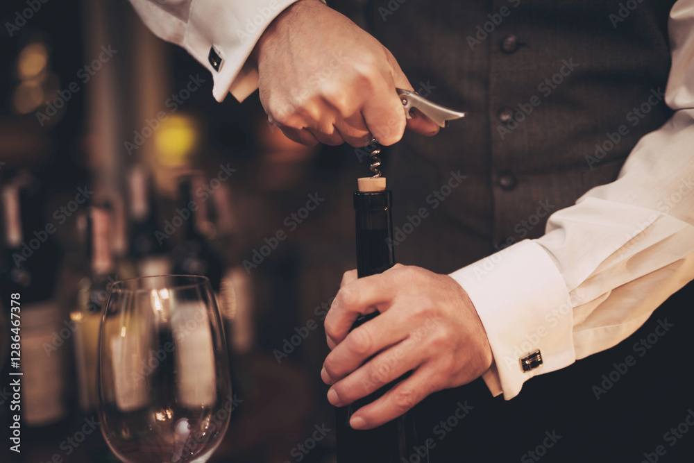 Naklejka premium Close up. Elegant sommelier uncorking bottle of wine in restaurant. Wine tasting. Sommelier tasting wine in restaurant.